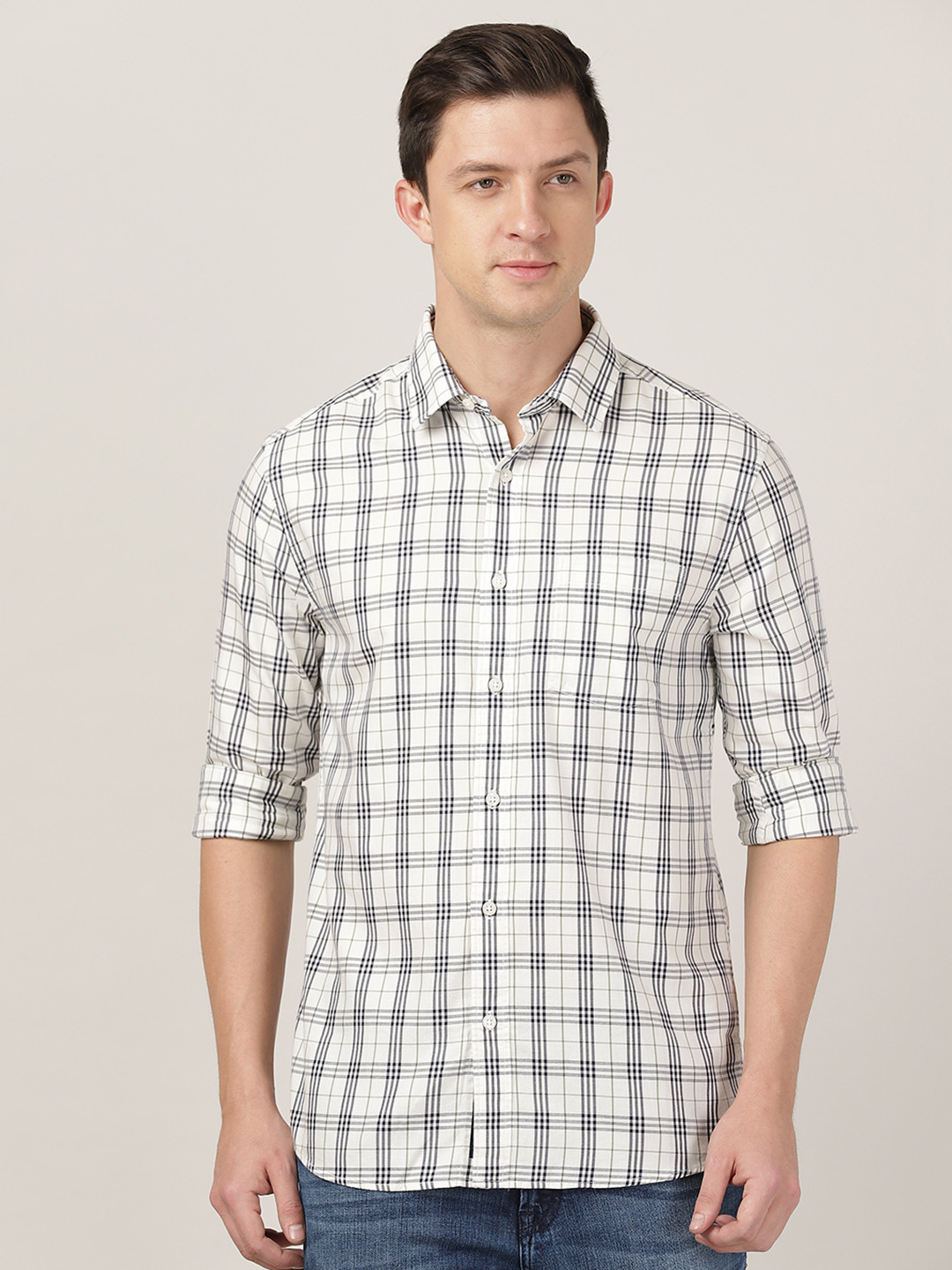 MERCHANT MARINE Men Beige Classic Slim Fit Checked Casual Shirt