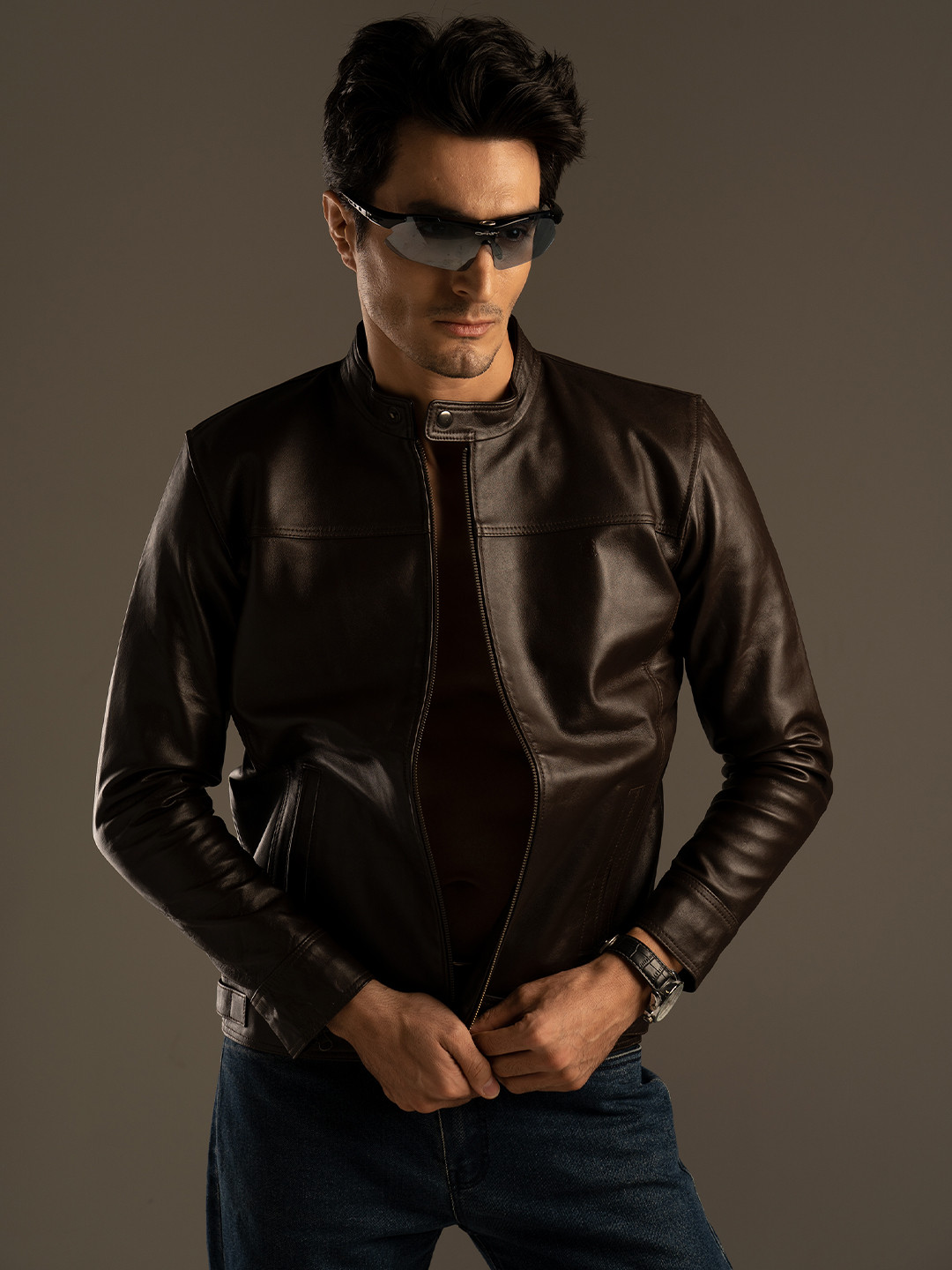 Tortoise Men Brown Leather Biker Jacket