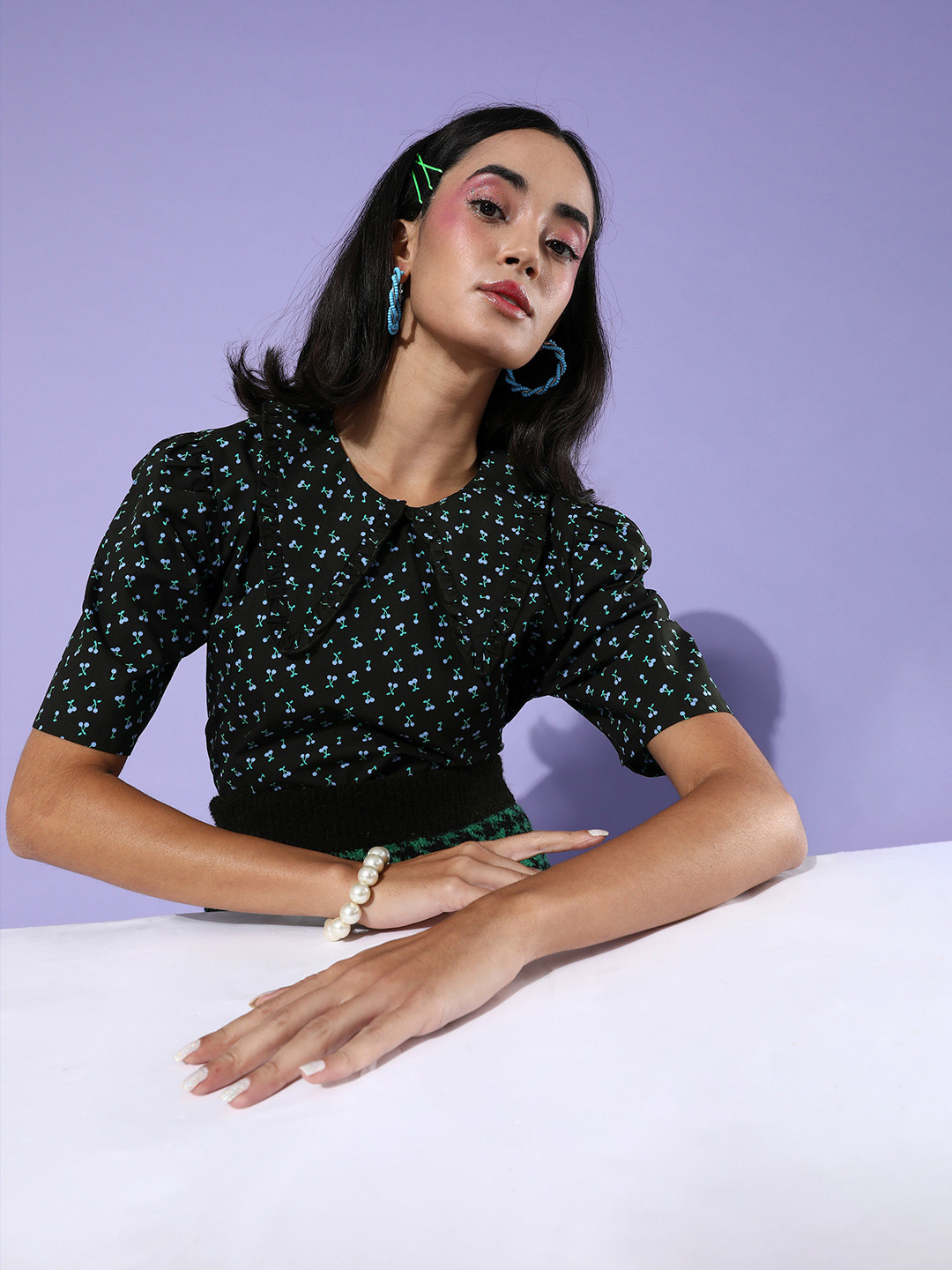 EVERYDAY by ANI Women Stylish Black Floral Volume Play Top