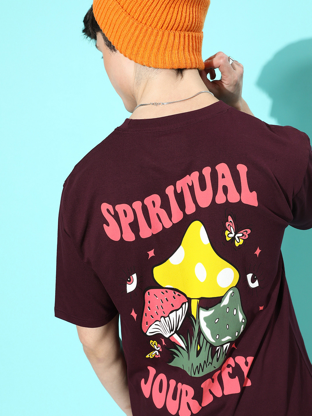 Difference of Opinion Men Burgundy Graphic Cotton Oversized T-Shirt