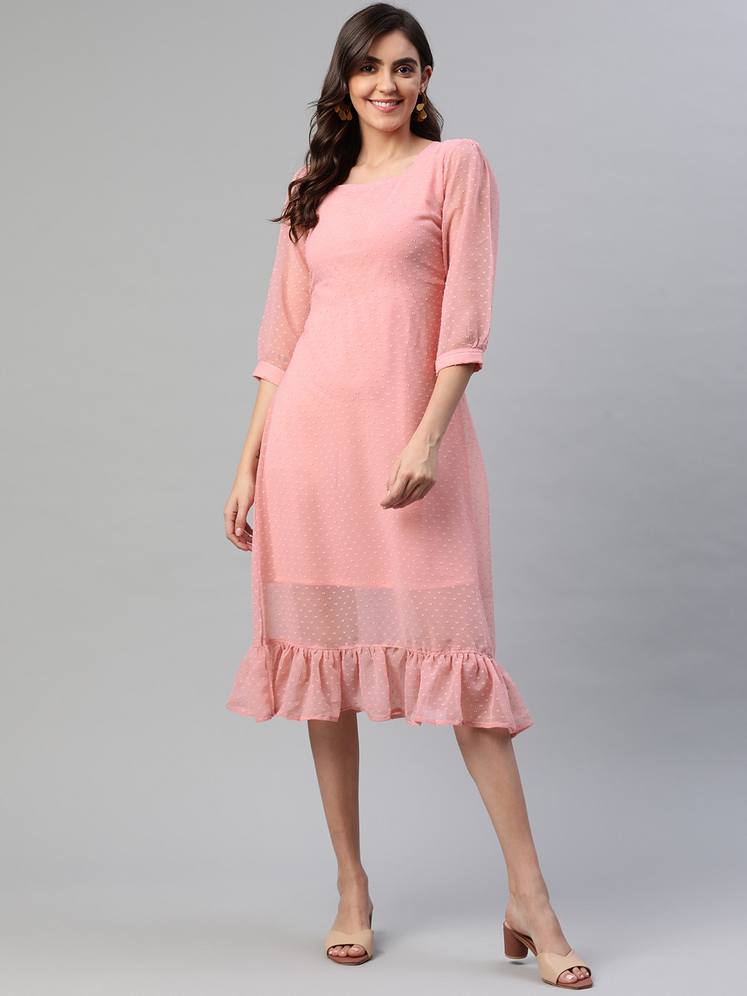Aarika Women Peach-Coloured Dobby Weave A-Line Midi Dress