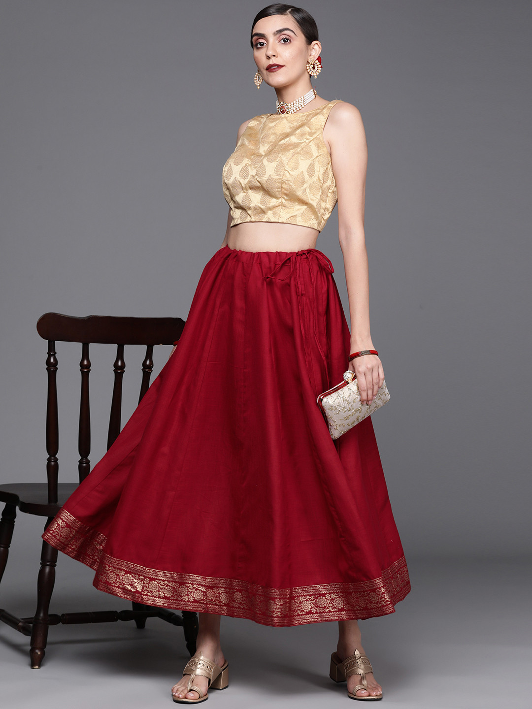 PINKSKY Women Red Solid A-Line Midi Skirt