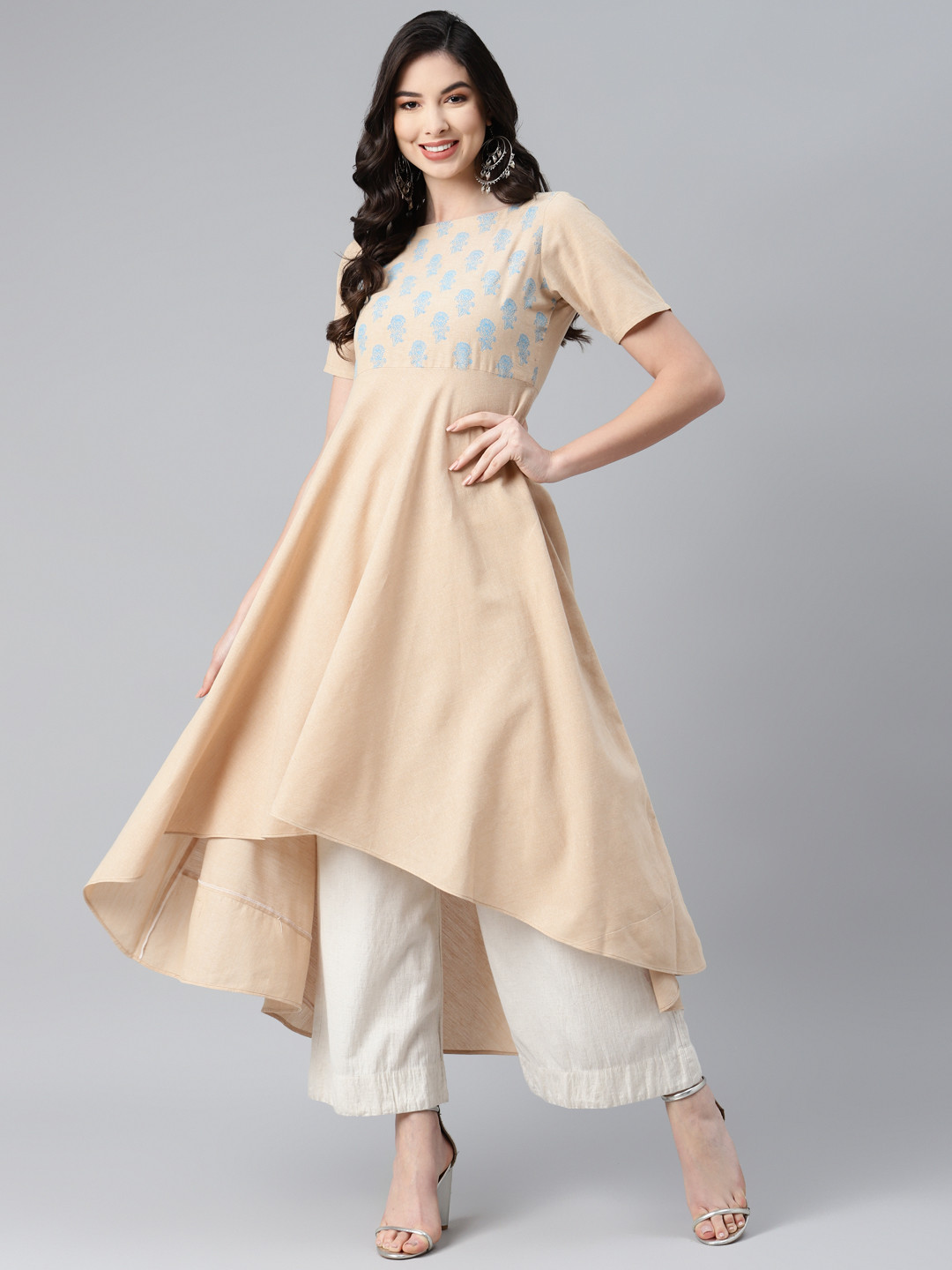 MBE Women Beige & Blue Floral Embroidered Pure Cotton Pastels Kurta