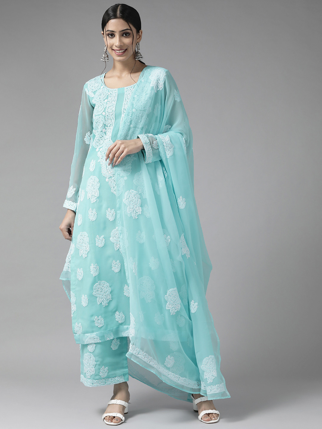 ADA Blue & White Embroidered Handloom Unstitched Dress Material