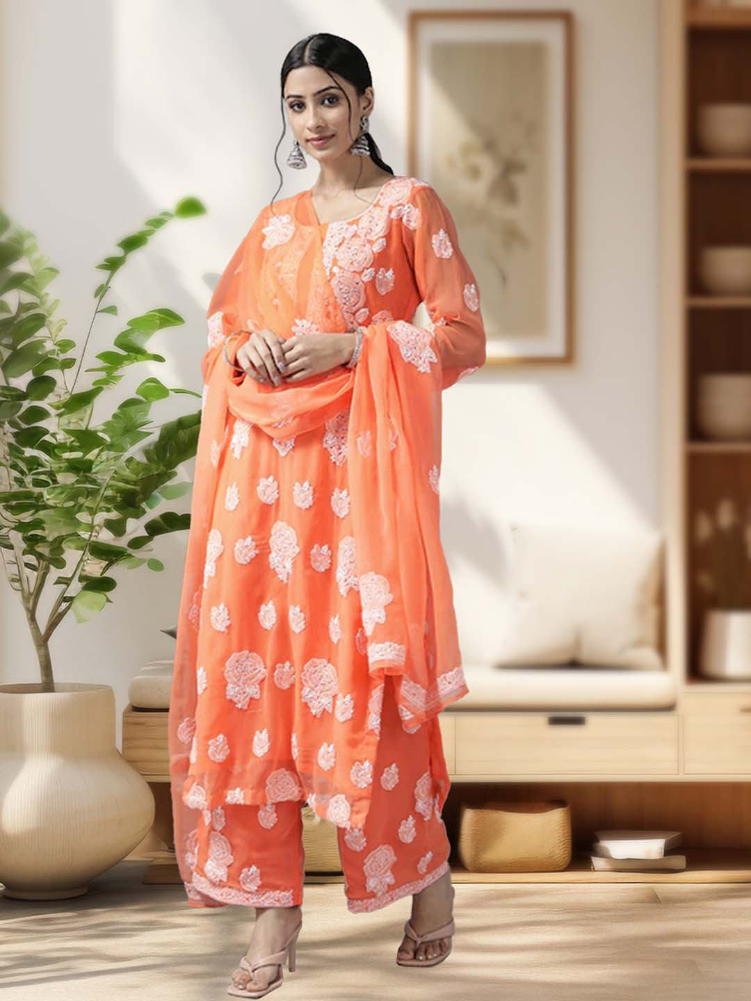 ADA Orange & White Embroidered Unstitched Dress Material