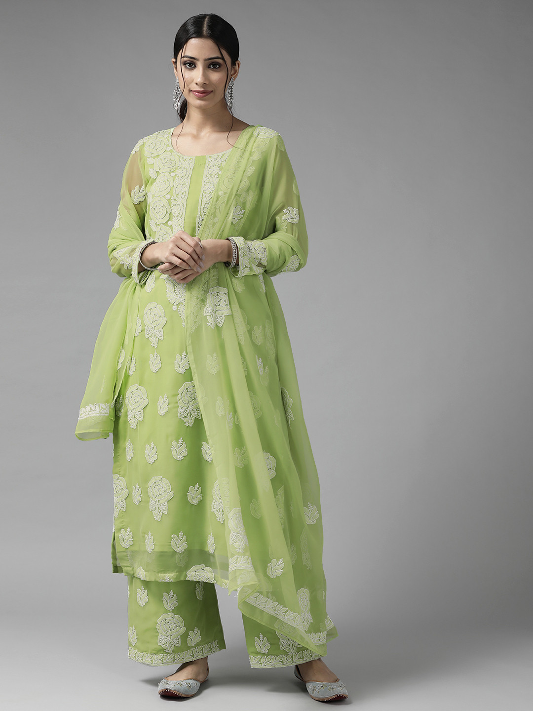 ADA Green & White Embroidered Unstitched Dress Material