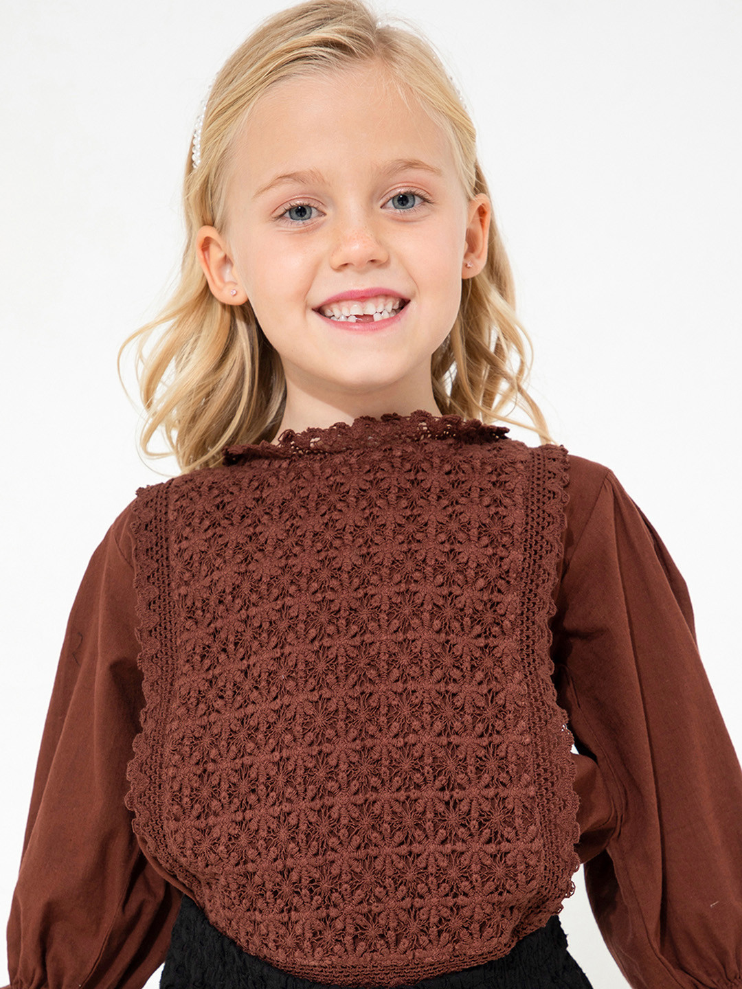 Cherry Crumble Girls Brown Solid Lace Inserts Top