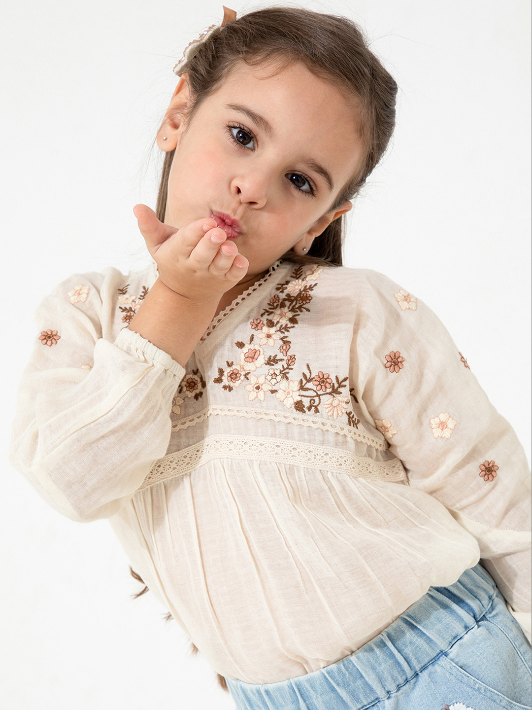 Cherry Crumble Girls Cream-Coloured Floral Embroidered Top