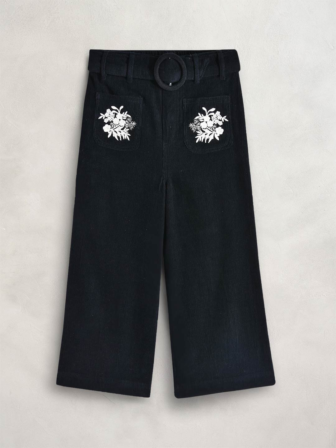 Cherry Crumble Girls Black Floral Embroidered Corduroy Trousers