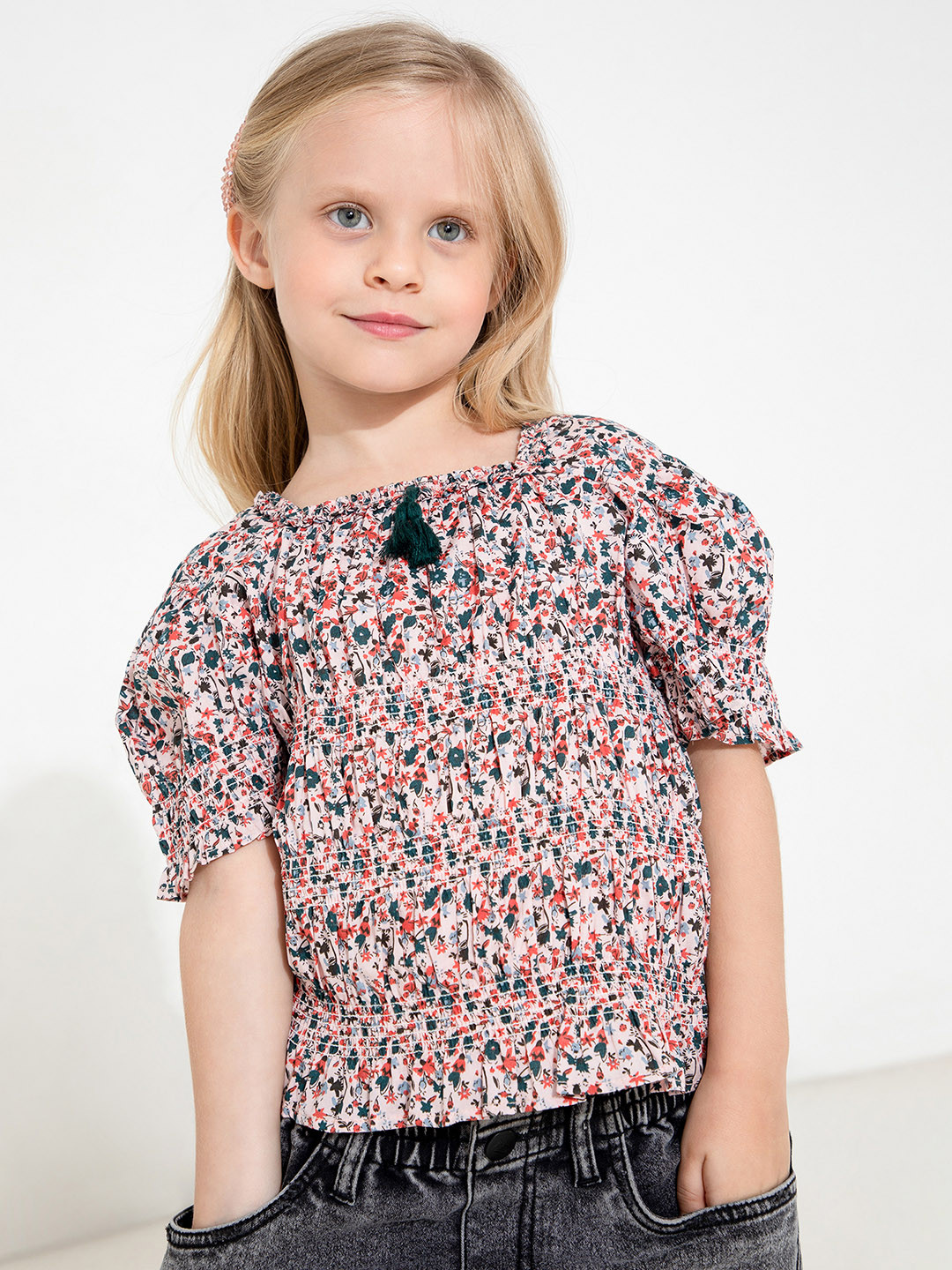 Cherry Crumble Girls Pink & Green Floral Print Top