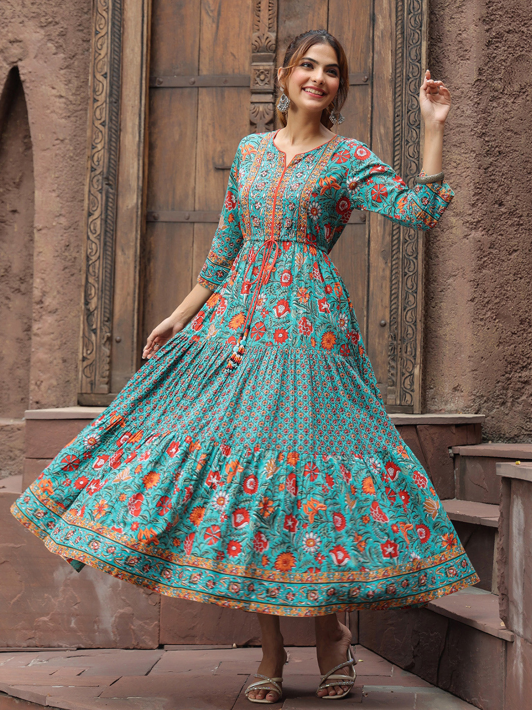 Rain & Rainbow Women Green & Red Ethnic Pure Cotton A-Line Midi Dress