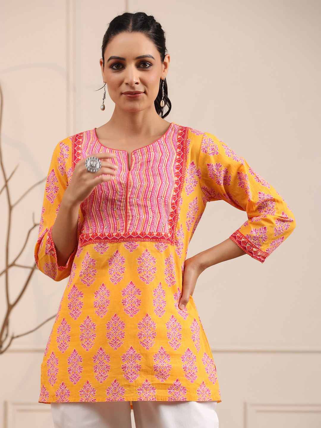 Rain & Rainbow Women Orange & Pink Ethnic Printed Sequinned Pure Cotton Kurti