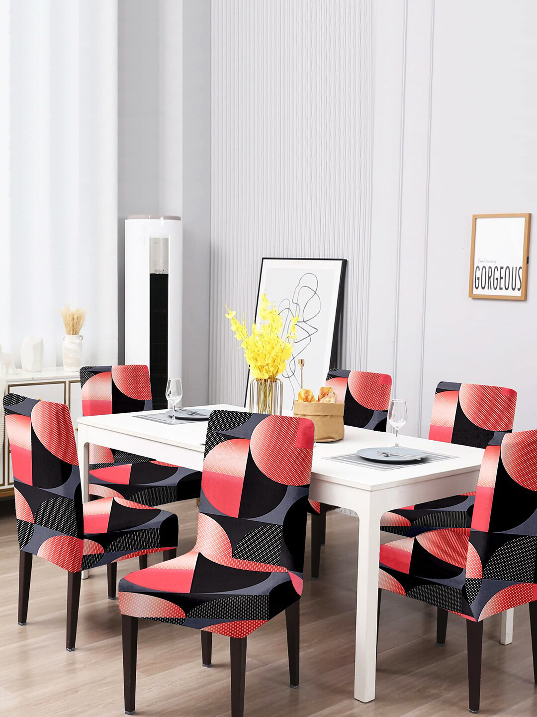 Cortina Set Of 6 Black & Red Printed Chair Covers