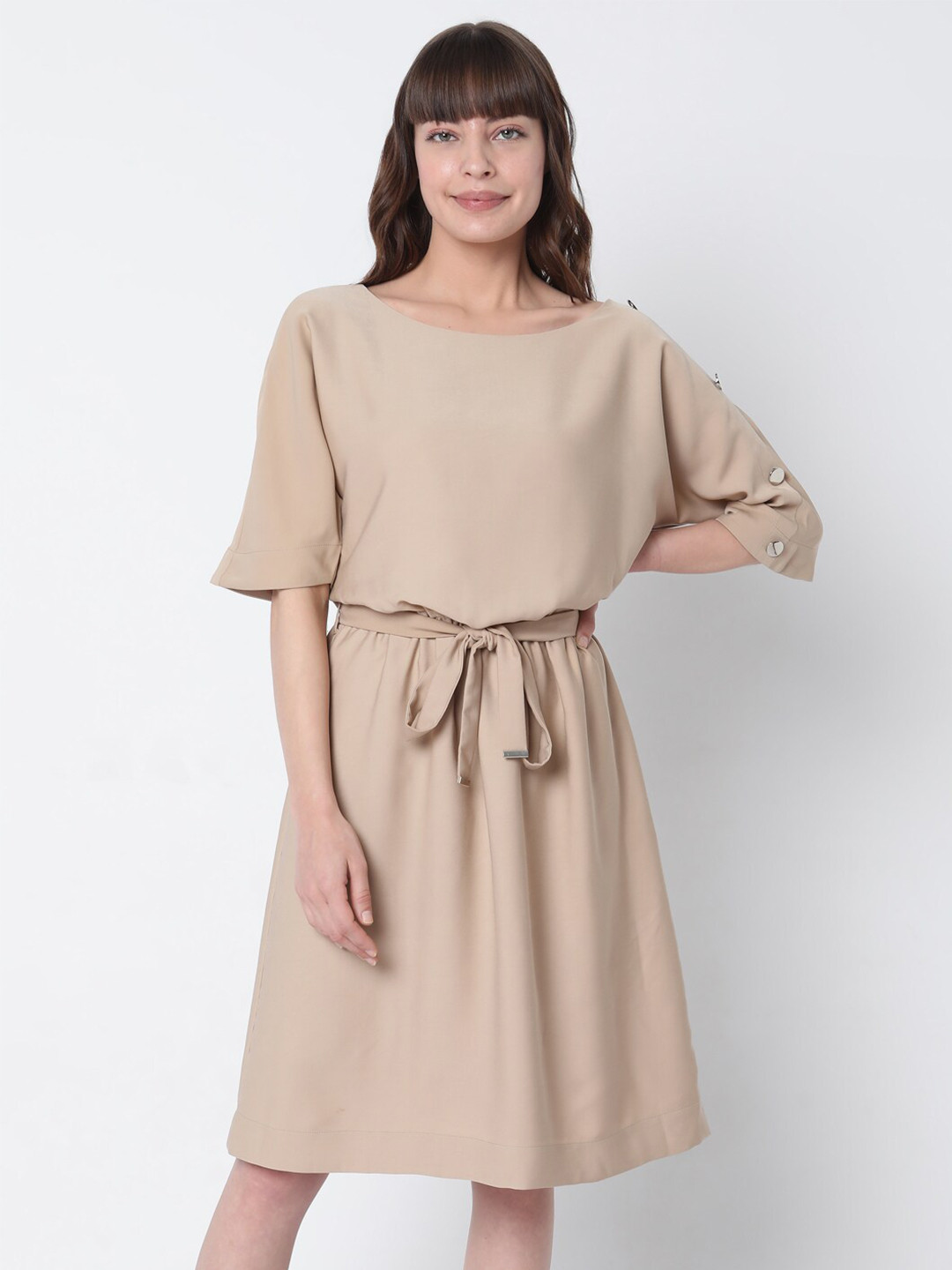 Vero Moda Tan Brown Belted A-Line Dress