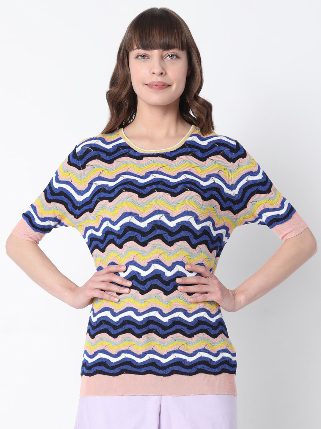 Vero Moda Blue & Yellow Striped Round Neck Rayon Top