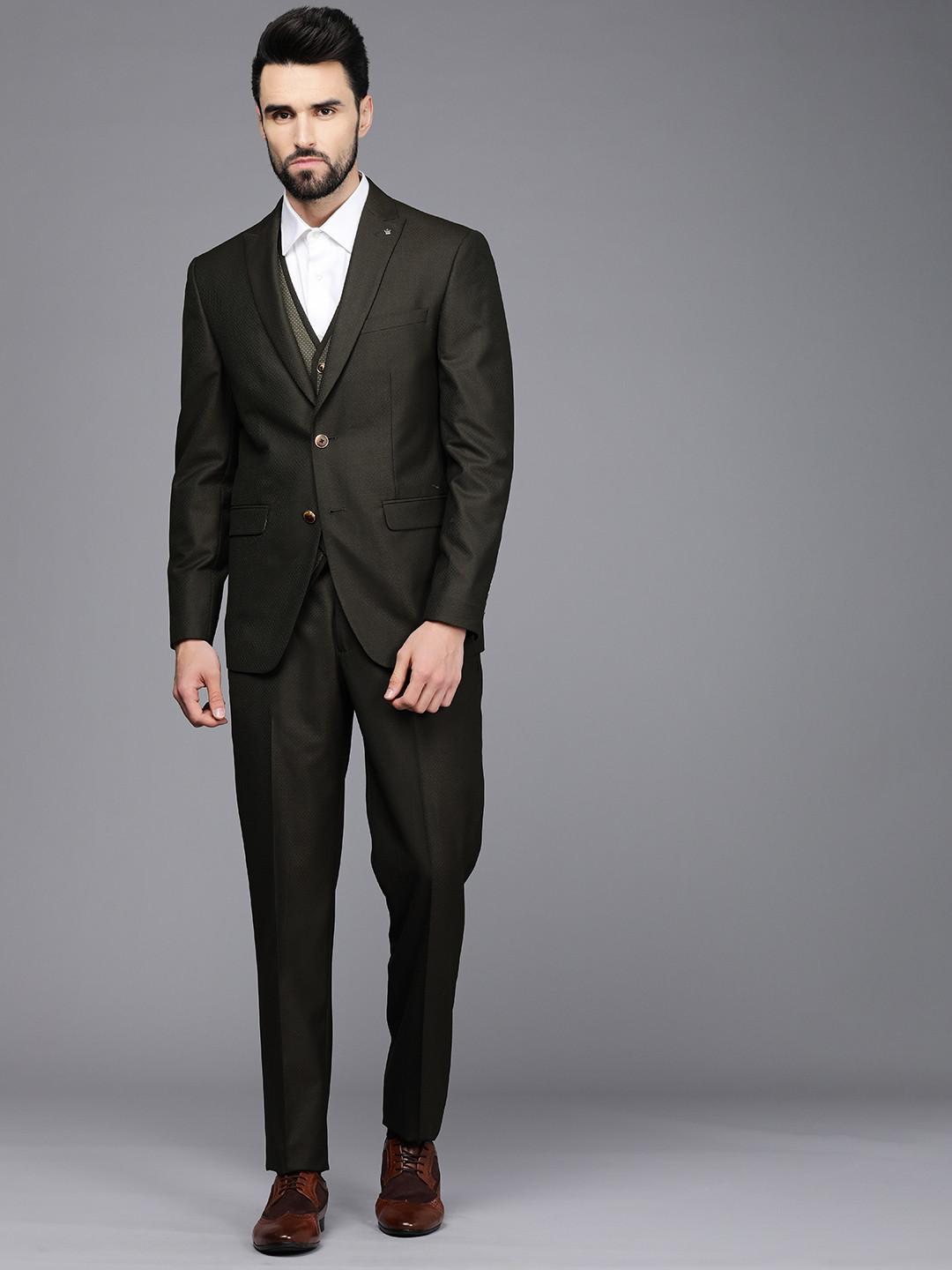 Louis Philippe Men Olive Green  Self Design Slim Fit Single Breasted 2Piece Formal Suit