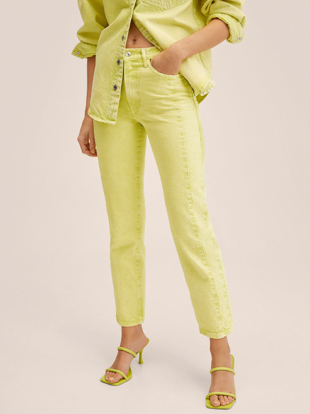 MANGO Women Lime Green Straight Fit Pure Cotton High-Rise Jeans