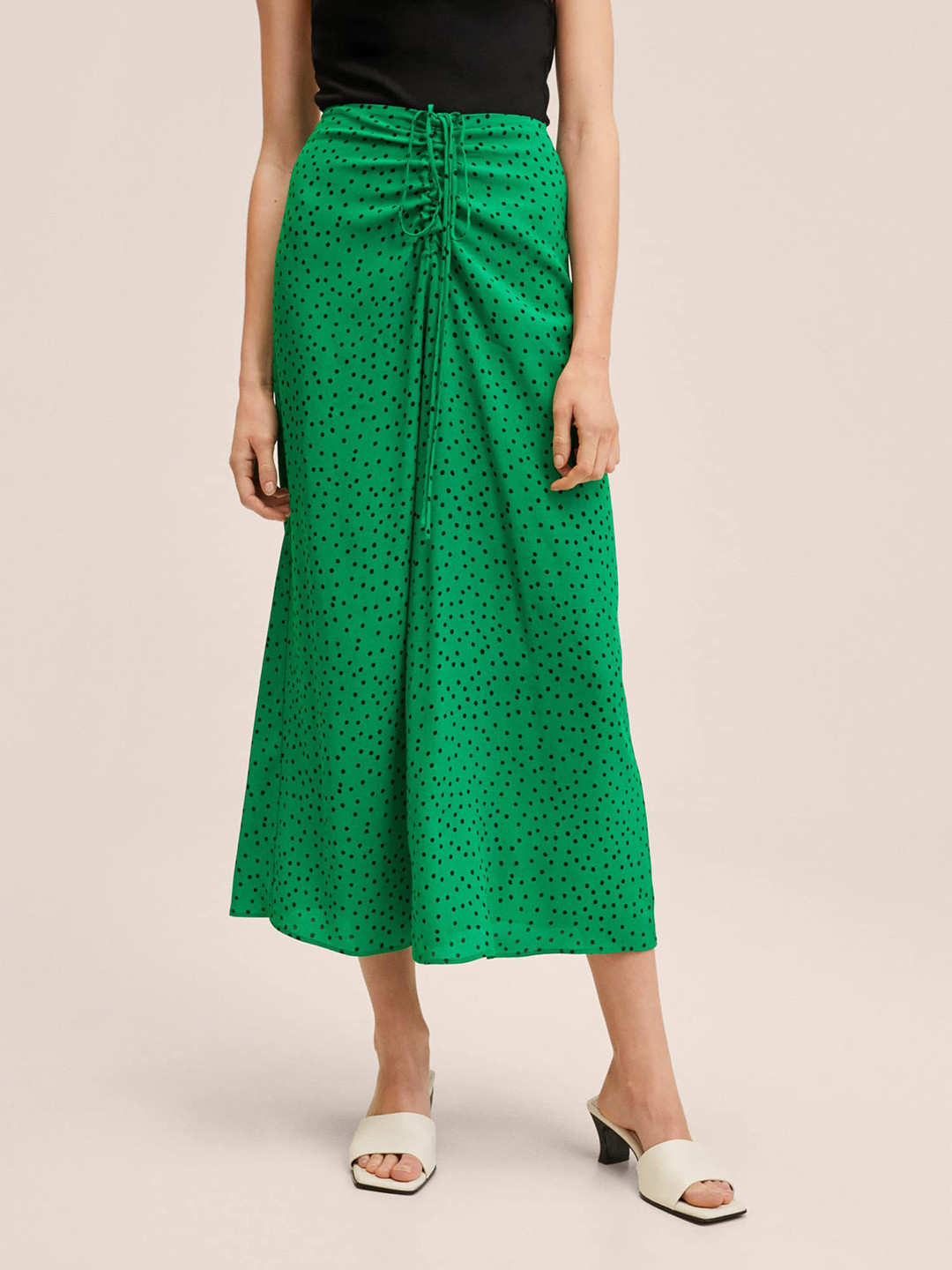 MANGO Women Green & Black Polka Dots Pleated Flared Skirt
