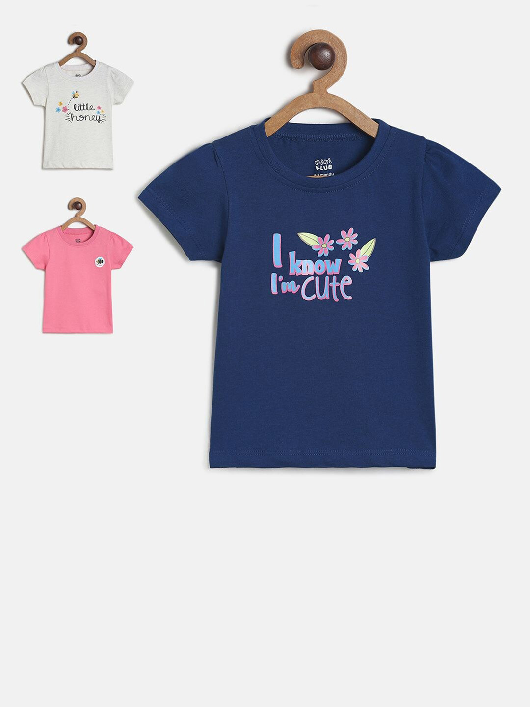 MINI KLUB Girls Pack of 3 Navy Blue & Pink Printed Pure Cotton Regular Top