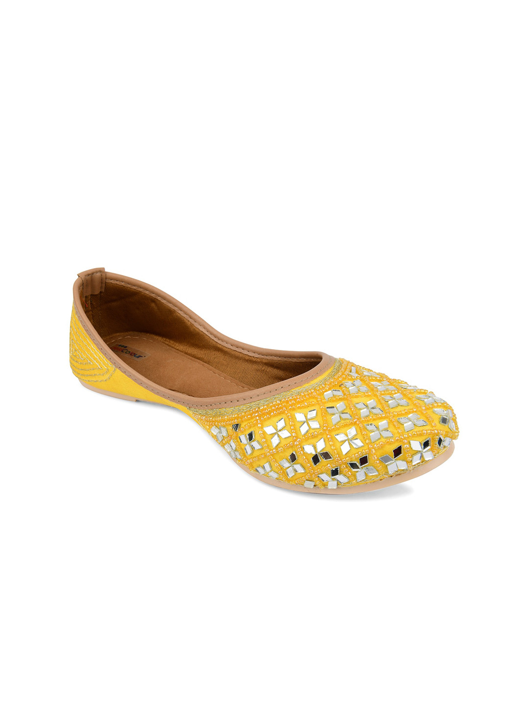 DESI COLOUR Women Yellow Embellished Leather Ethnic Mojaris Flats