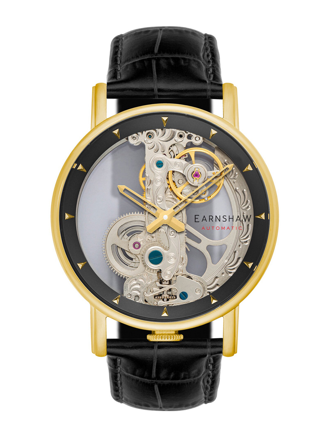EARNSHAW Men Black Skeleton Dial & Black Leather Wrap Around Straps Analogue Automatic Motion Powered Watch