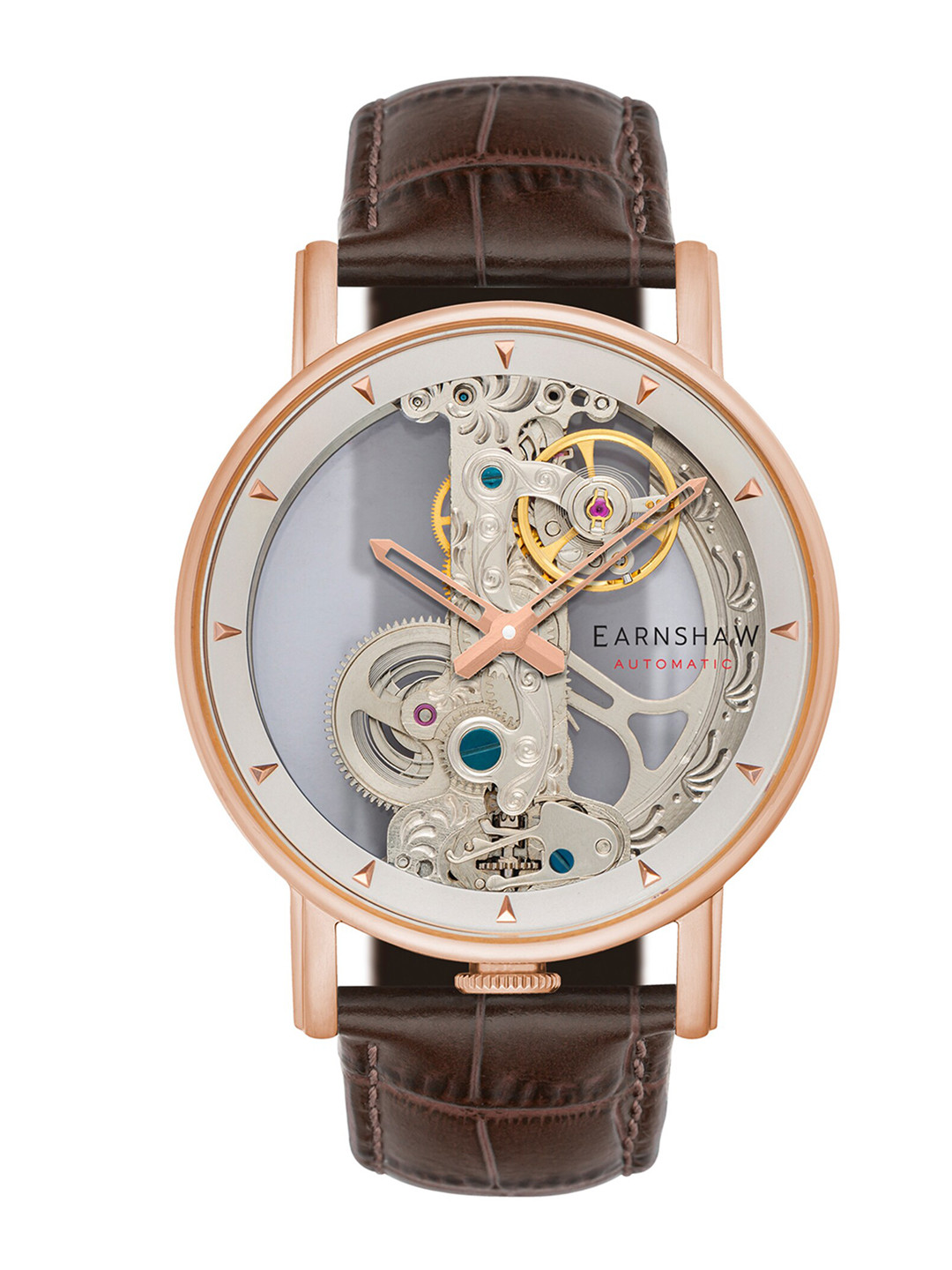 EARNSHAW Men White Embellished Dial & Brown Leather Straps Analogue Automatic Motion Powered Watch
