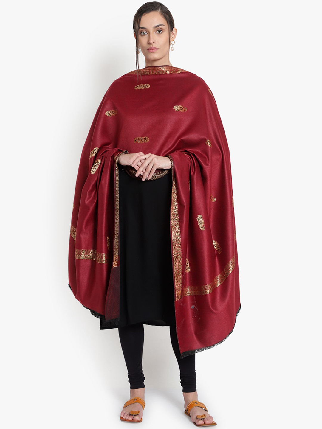 Mizash Women Maroon Embrioidered Shawl