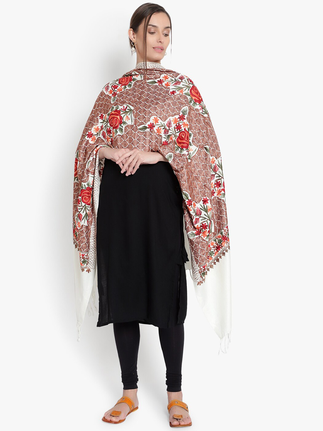 Mizash Women Cream & Brown Wool Aari Embridery Stole Shawl