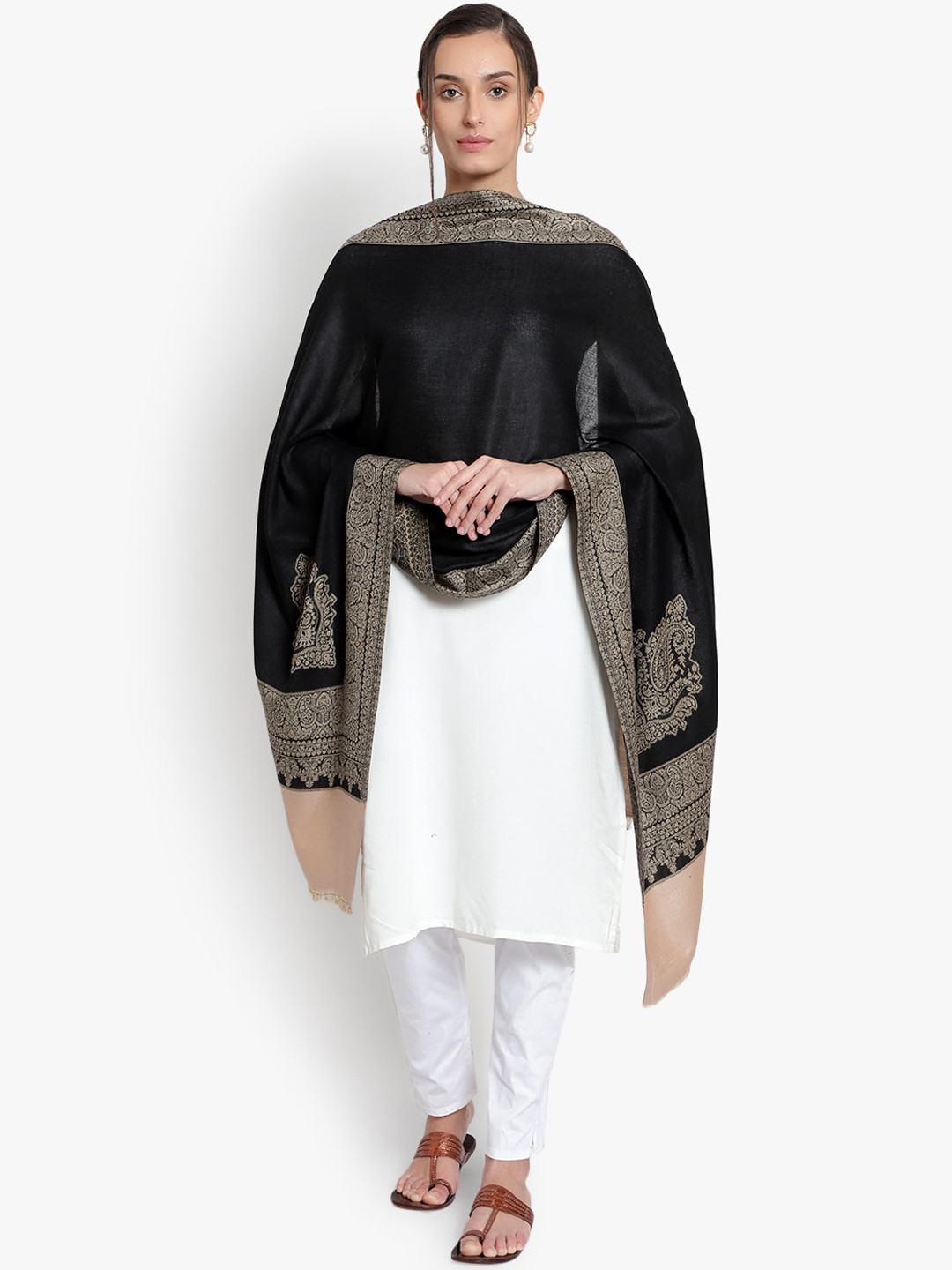 Mizash Women Fine Wool Black Kashmiri Emroidered Shawl