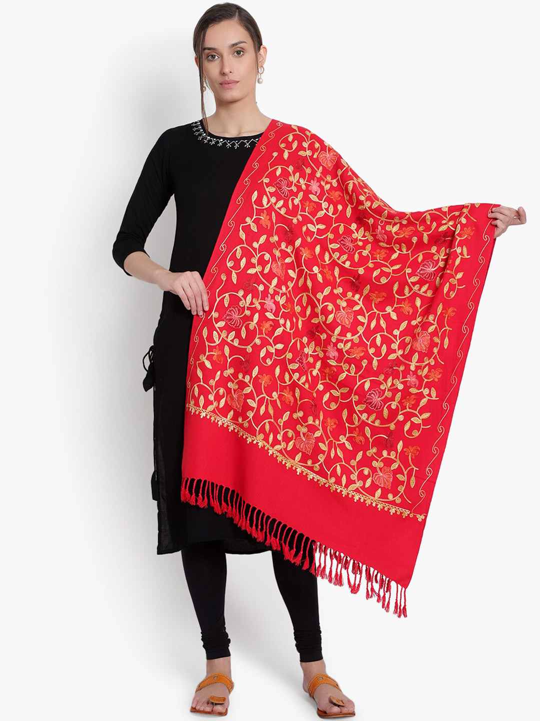 Mizash Women  Red & Gold Embroidered  Shawl