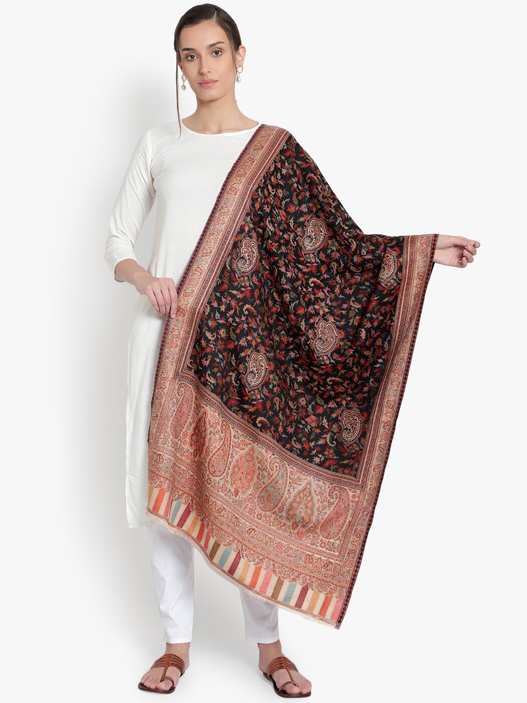 Mizash Women Black & Beige Woven-Design Kashmiri Soft & Warm Shawl