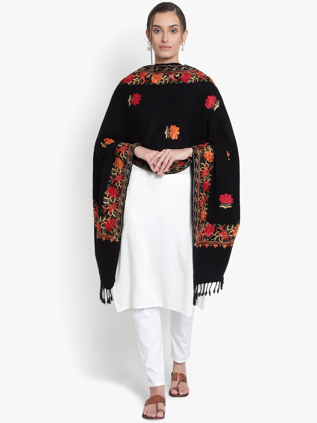 Mizash Women Black & Red Embroidered Shawl