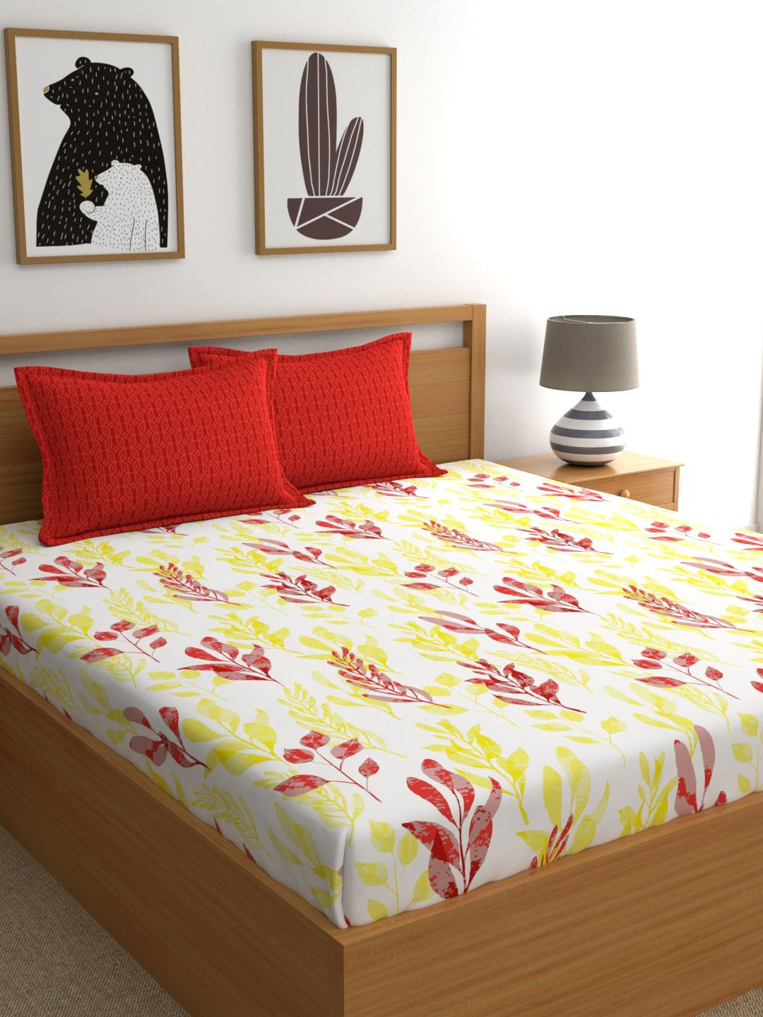 Home Ecstasy Red Leaf Pure Cotton 140 TC Queen Bedsheet with 2 Pillow Covers-220 x 233 cm