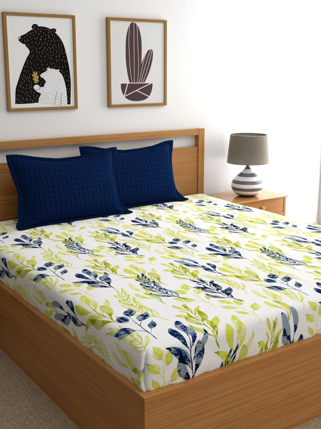 Home Ecstasy Blue Leaf Pure Cotton 140 TC Double Bedsheet with 2 Pillow Covers-87 x 92 inches