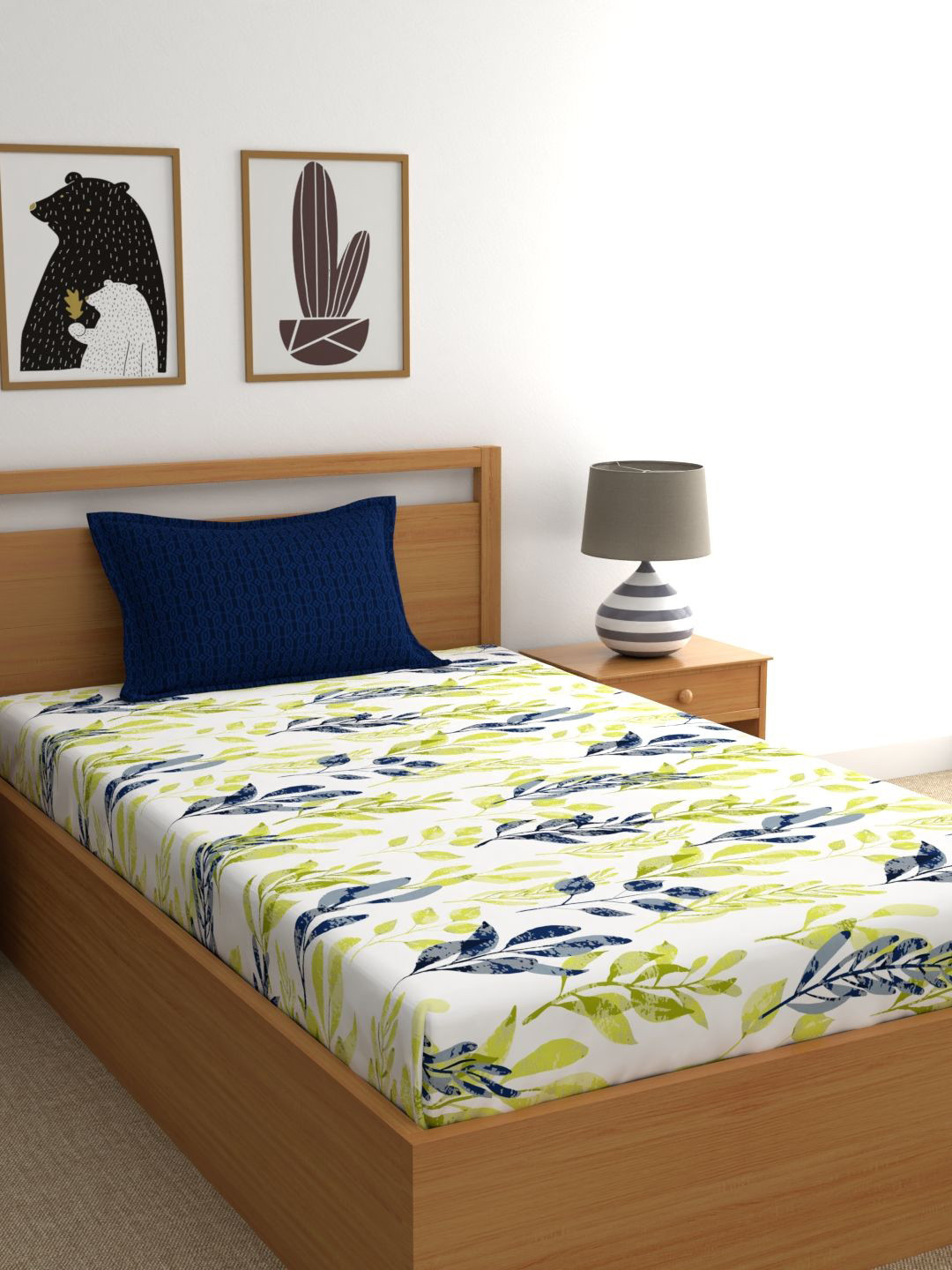 Home Ecstasy Royal Passion Blue Floral Pure Cotton 140 TC Single Bedsheet with a Pillow Cover-59 x 88 inches