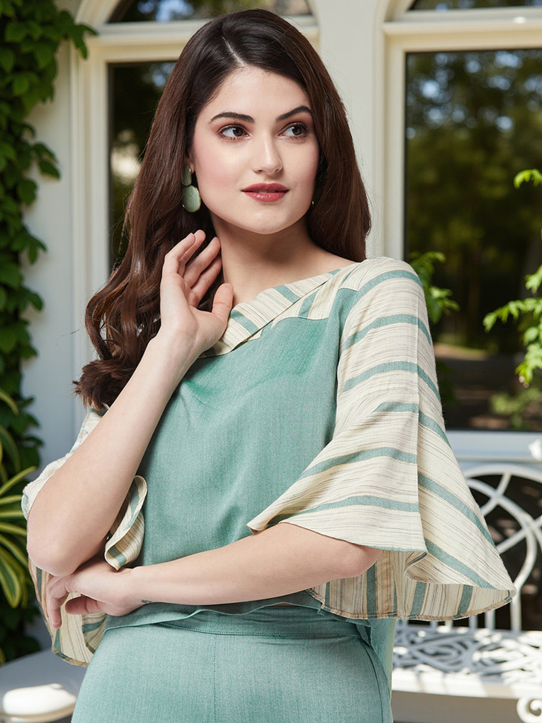Pannkh Women Green & Cream-Coloured Striped Top