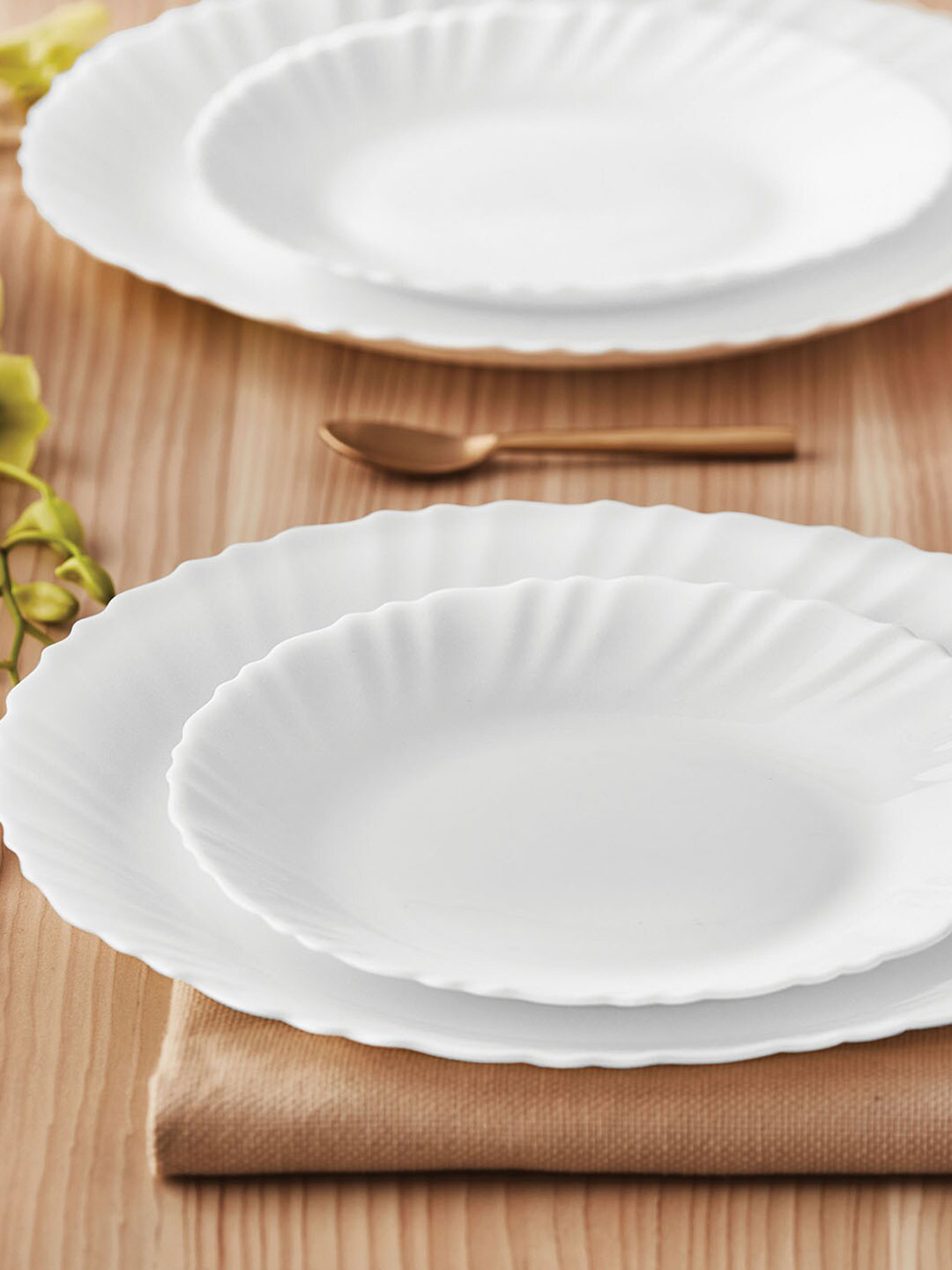 Larah by BOROSIL Fluted Brand Logo White 6 Pieces Printed Opalware Glossy Plates