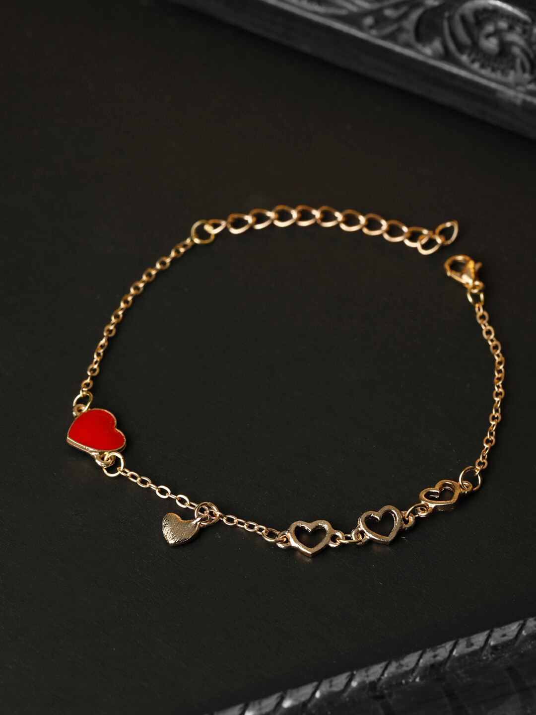 Priyaasi Women Gold-Toned & Red Brass Gold-Plated Heart Link Bracelet
