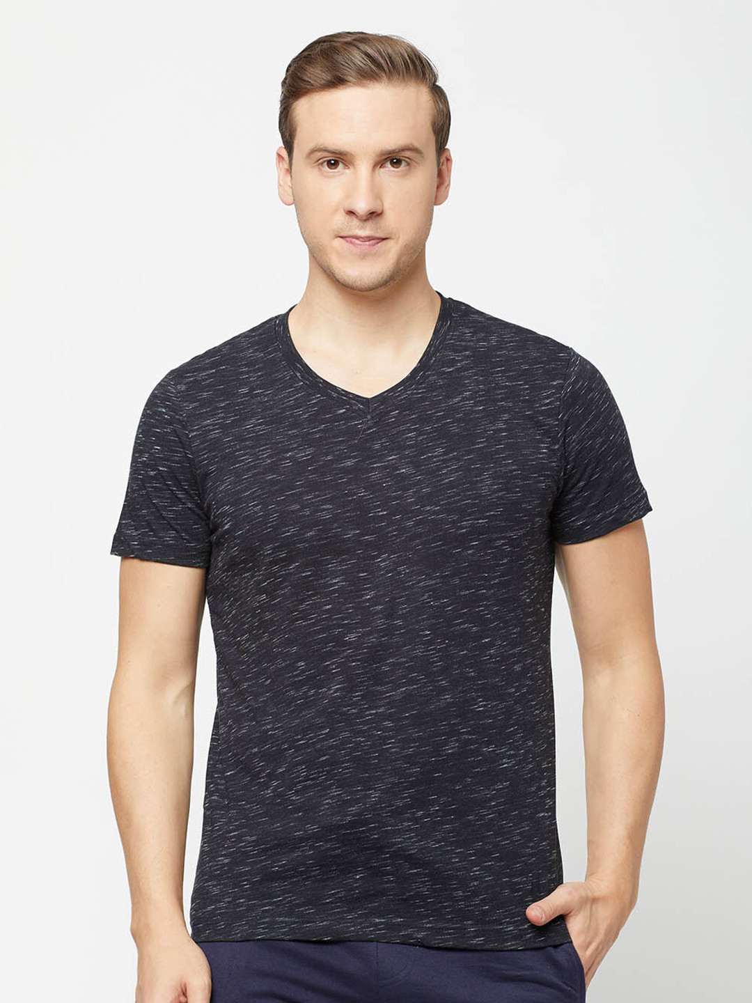 SPORTO Men Black Self Design V-Neck Cotton T-shirt