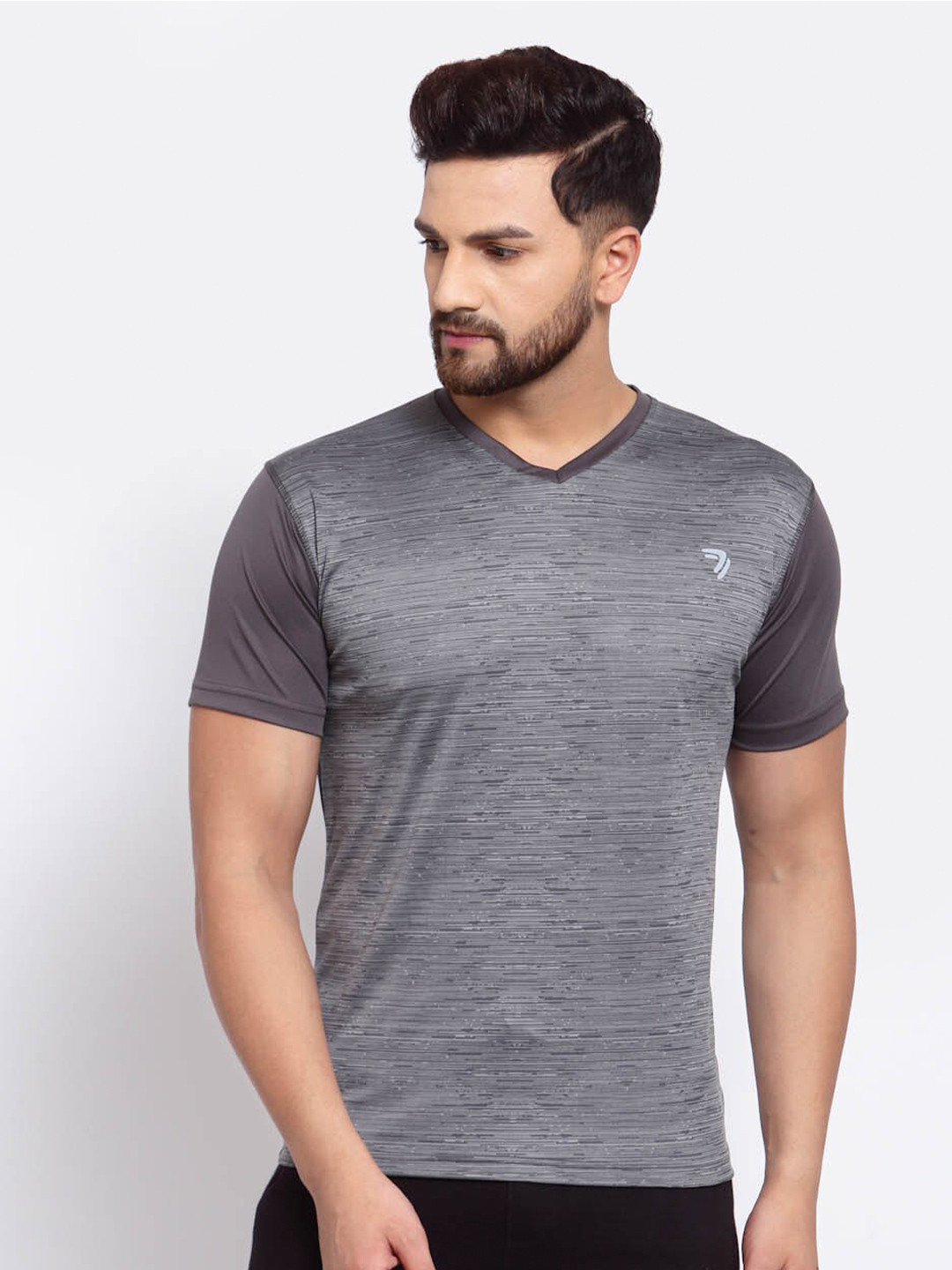 SPORTO Men Grey Colourblocked V-Neck Outdoor T-shirt