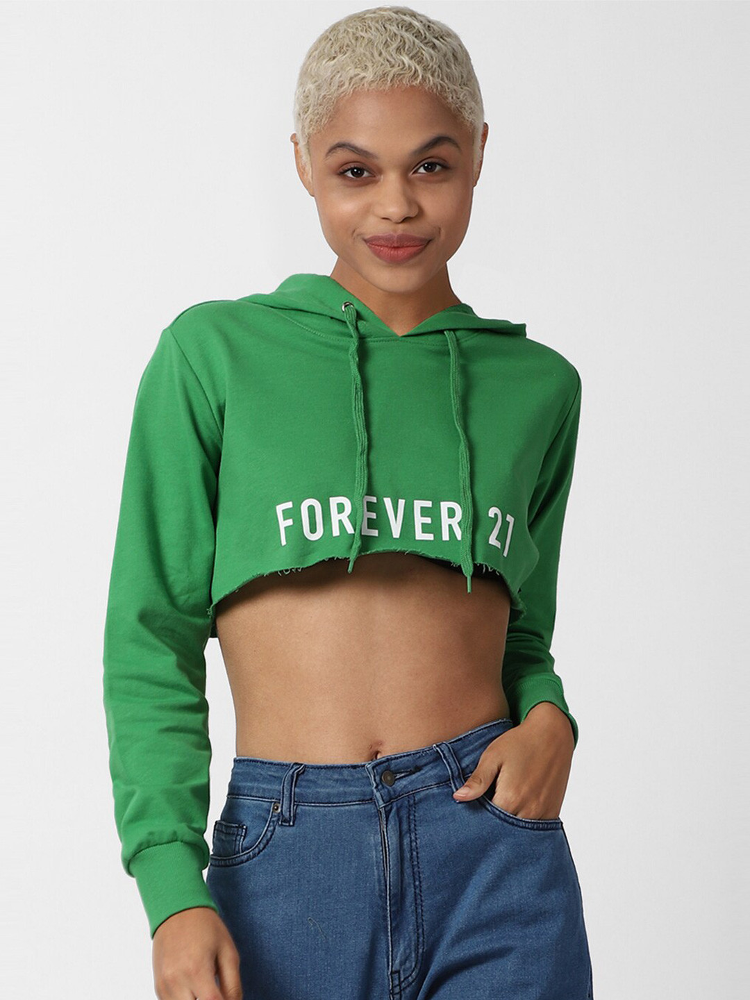 FOREVER 21 Women Green & White Brand Logo Pure Cotton Hooded Regular Crop Top