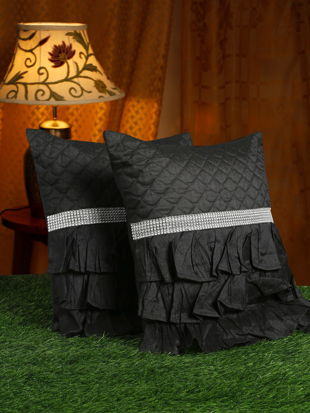 HOSTA HOMES Black & Silver-Toned Set of 2 Quilted Frilled Satin Square Cushion Covers