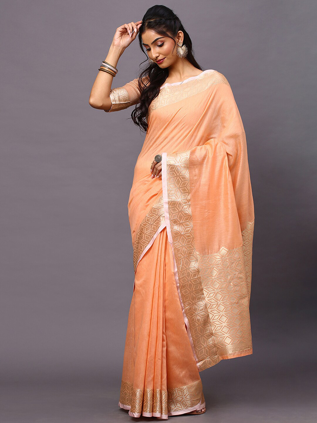 Mitera Peach-Coloured & Gold-Toned Linen Blend Saree
