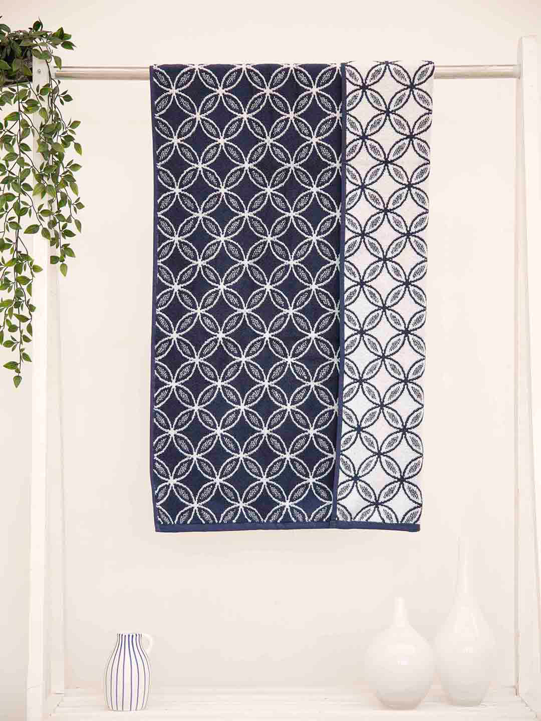 Ariana Navy Blue Printed 600 GSM Bath Towel