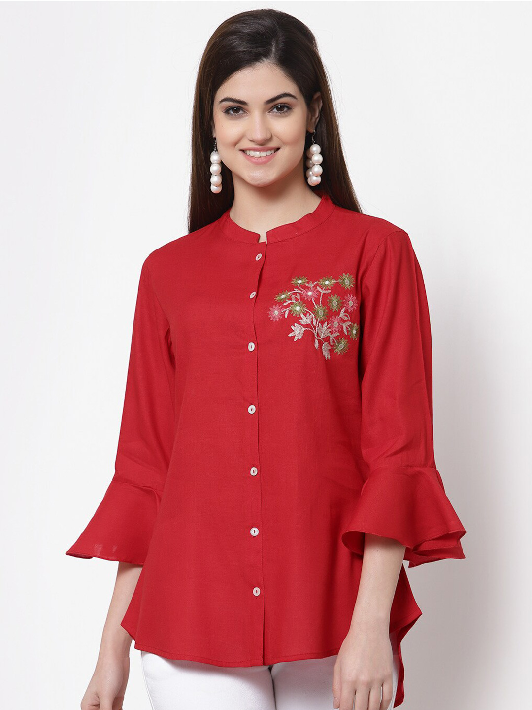 KBZ Red Floral Embroidered Mandarin Collar Rayon Shirt Style Top
