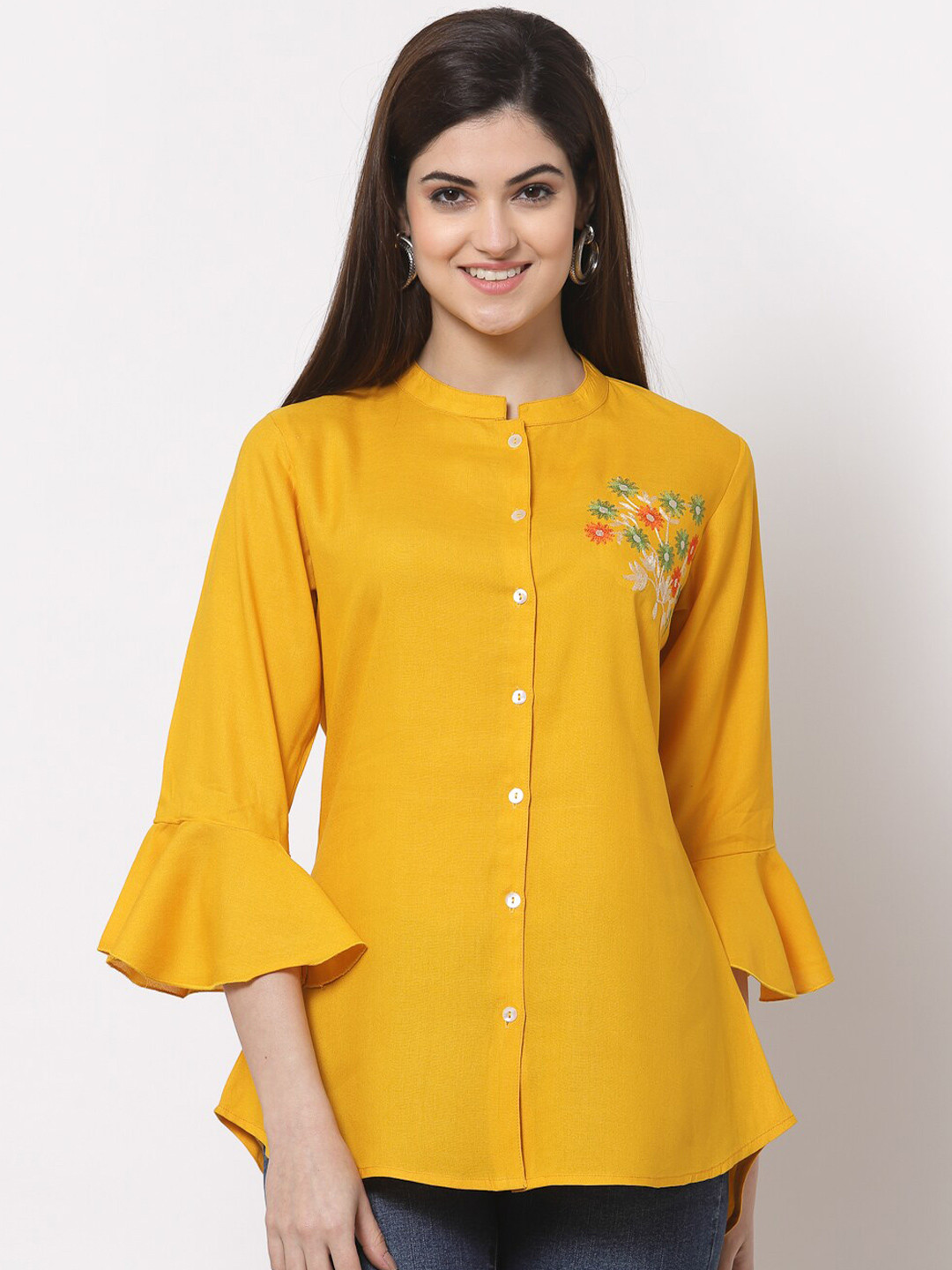 KBZ Yellow Embroidered Shirt Style Top