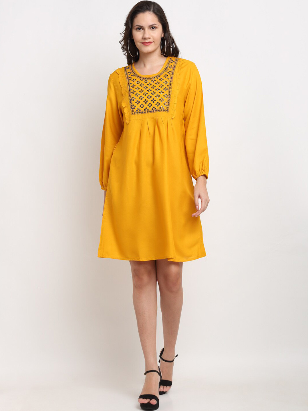 Miaz Lifestyle Mustard Yellow Ethnic Motifs Embroidered Mirror Work A-Line Dress