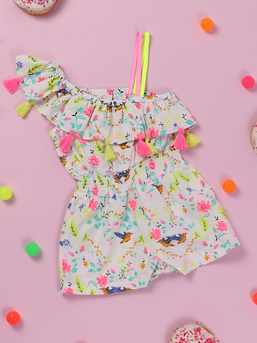 Nauti Nati Girls White & Pink Printed One Shoulder Jumpsuit With Tassels