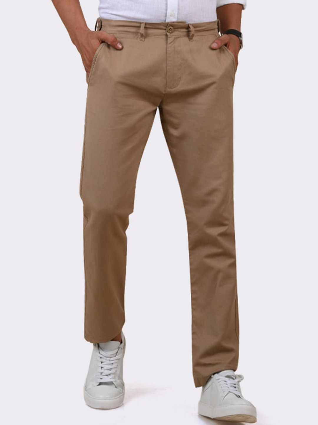 MERCHANT MARINE Men Khaki Solid Cotton Linen Regular Trousers