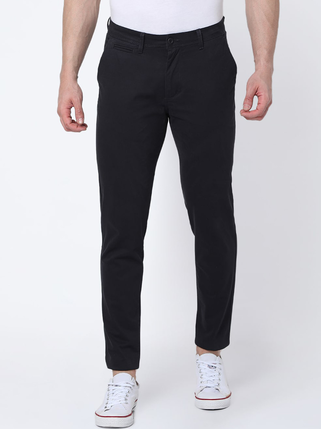 MERCHANT MARINE Men Black Solid Tapered Fit Cotton Trousers